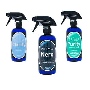 Three bottles of Prima Car Care products are displayed with a blank background