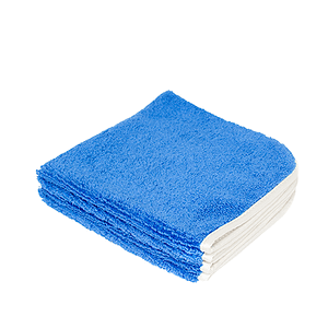 A blue microfiber towel is displayed with a blank background