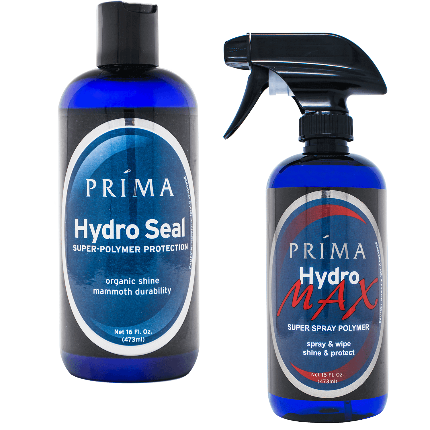 Two bottles of Prima Car Care products are displayed with a blank background