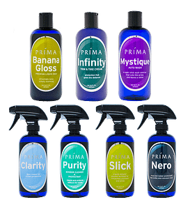 Seven bottles of Prima Car Care products are displayed with a blank background