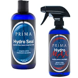 Two bottles of Prima Car Care products are displayed with a blank background