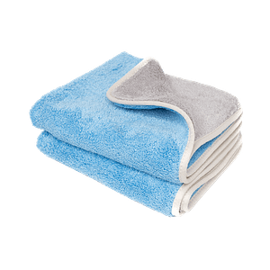 A blue microfiber towel is displayed with a blank background