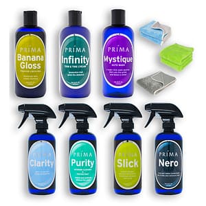 Seven bottles of Prima Car Care products are displayed with a blank background with three microfiber towels