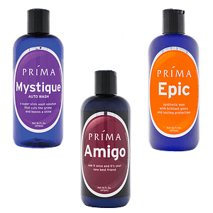 Three bottles of Prima car care products are displayed